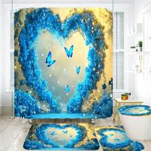 4 件花朵图案浴帘套装，婚礼季节奢华花朵浴帘，爱心，玫瑰个性化浴帘，带 12 个挂钩的涤纶面料浴帘，防滑速干浴室垫，马桶垫，浴室垫，座垫，防滑 U 型垫，婚礼装饰