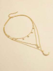 Hegaze 1pc 3-Layer Star & Moon Pendant Beaded Tassel Necklace For Women - Yellow Gold - View 3