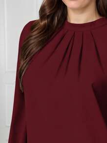 hoteel Women's Pleated Solid Long Sleeve Shirt Office Shirt Top - 酒紅色 - 查看 5
