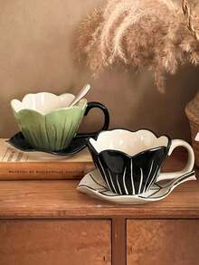 1 pieza Nuevo regalo de Año Nuevo/Día de San Valentín Taza de café y platillo de cerámica con tulipán pintado a mano de manera única, estilo vintage para latte/té, regalo festivo - Multicolor - Ver 3