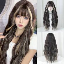 长波浪假发深棕色混合高光米色条纹自然合成蓬松卷发假发带刘海耐热纤维假发适合时尚女性和女孩日常派对角色扮演使用 28 英寸 - 挑染黑色 - 查看 11