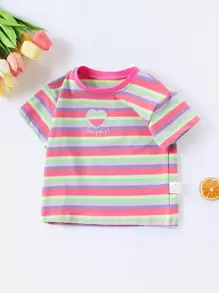 1pc Girls Cute Letter & Heart Embroidery Rainbow Stripe Short Sleeve T-Shirt, Summer