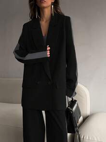 2 件套女士休闲商务宽松西装套装撞色西装外套和松紧腰直筒裤套装，夏季/春季，优雅风格，适合办公室女士，时尚休闲通勤 - 黑色 - 查看 4