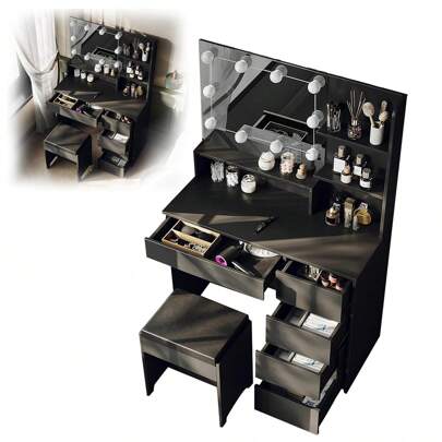 Tocador de dormitorio con espejo y taburete, tocador con dos cajones y múltiples divisiones y una puerta (negro)