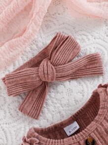 Conjunto de verão para bebê menina com body sem mangas com laço de renda, faixa de cabelo e meias. - Rosa Empoeirado - Ver 3