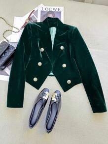 金色天鹅绒短款夹克，凸显女性魅力 - 墨綠色 - 查看 1