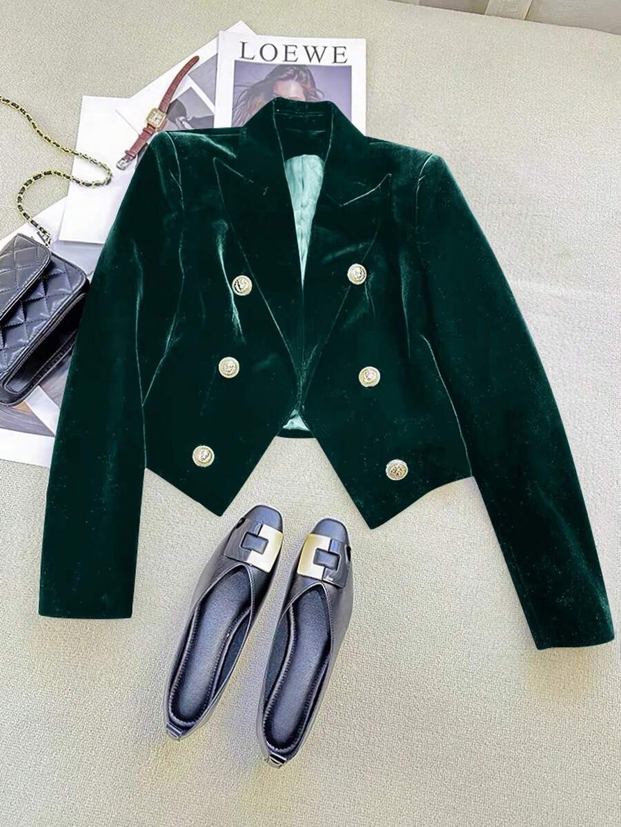 金色天鹅绒短款夹克，凸显女性魅力 - 墨綠色 - 查看 1