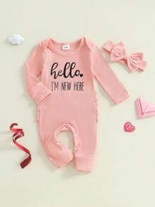 Newborn Baby Girls Rompers Knit Round Neck Long Sleeve Infant Fall Jumpsuits With Headband Coming Home Outfit - Hồng - Xem 2