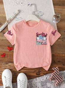 女童卡通汽车沙滩印花圆领T恤，夏季休闲柔软上衣 - 粉色 - 查看 5