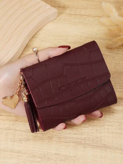 Burgundy Bag Charry Red Bag Wine Red Bag,Fashionable Tri-Fold Women's Short Wallet With Crocodile Texture And Heart-Shaped Hardware, Premium Leather Material, Multi-Card Slots For Credit Card, Bank Card, And Coin Storage, Compact Design For Bills And Coins, Tassel Pendant For Stylish Look, Perfect For Travel, Work, And Daily Use, Ideal Gift For Girlfriend, Mother, Or Teacher, And Elegant Design