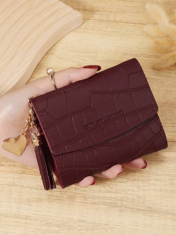 Bolso borgoña, bolso rojo cereza, bolso rojo vino, cartera de mujer plegable de moda con textura de cocodrilo y herrajes con forma de corazón, material de piel premium, múltiples compartimentos para tarjetas de crédito, tarjetas bancarias y monedas, diseño compacto para billetes y monedas, colgante con borlas para un aspecto elegante, perfecto para viajes, trabajo y uso diario, regalo ideal para novia, madre o maestra, diseño elegante