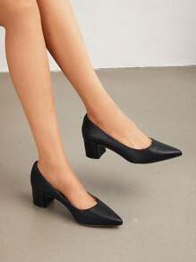 Women's Chunky Low Block Heels Pumps Closed Pointed Toe Slip-On Comfortable Work Dress Elegant Shoes - 黑色/PU - 查看 3