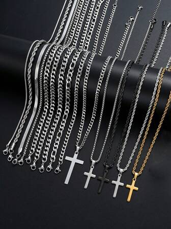2-5 件套休闲嘻哈不锈钢十字链多层吊坠项链，适合男士、情侣、日常佩戴、生日、派对礼物