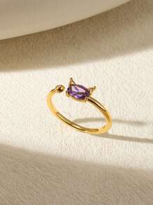 女士可爱耳朵、兔子和蝴蝶结不锈钢戒指，紫色方晶锆石 18K 镀金防褪色可调节戒指，魅力金首饰派对度假配饰，送给女儿/妈妈/最好的朋友的纪念礼物 - 不銹鋼 - 查看 5