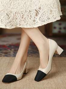 Xin Jing Shoes Fall/Winter Two Tone Chunky Heeled Court Pumps, Apricot Elegant Color Block Women's High Heels,Elegant - Apricot - View 6