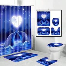 1/4pcs Heart-Shaped Moon & Dolphin Pattern Printed Waterproof Shower Curtain Set, Including 12 Hooks, Bath Mat, U-Shaped Toilet Cover, Ocean Elements, Decorative For Bathroom, Modern Home Decor, Machine Washable, Suitable As Gift Mother's Day Flowers,Personalized Gifts For Mom,Last Minute Gifts,Mother's Day Ideas,Mothering Sunday Gifts,Handmade Cards For Mum,Best Mother's Day Gifts Under $50