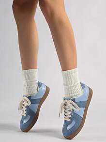 秋冬女款复古休闲运动跑步鞋，平底运动鞋，白色鞋子，橡胶鞋底运动鞋，蓝色，舒适时尚的时尚之选 - 藍色 - 查看 4