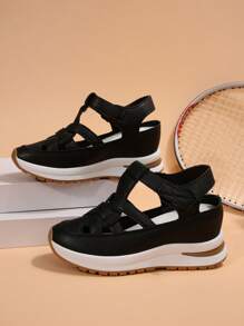 1 Pair Women's New White Wedge Platform Hollow Breathable Lightweight Non-Slip Roman Sandals, Hook And Loop Fashion Versatile Black Sneakers