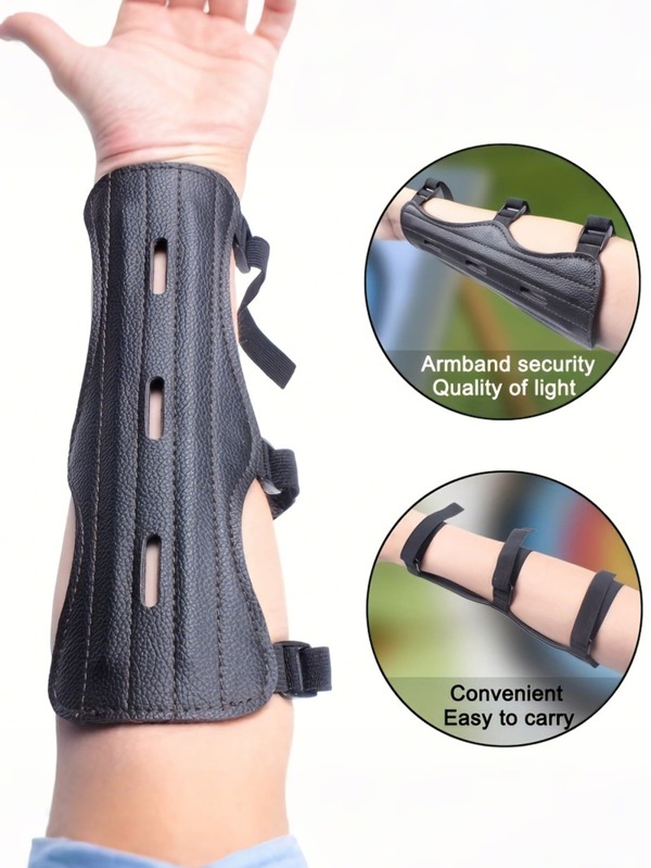 Einstellbarer schwarzer Armschutz für Bogenschießen - Aus strapazierfähigem PU-Material, bequem sitzend mit sicheren Schnallenverschlüssen für den Unterarmschutz, ideal für Jagd & Schießtraining, Zubehör für Bogenschießen