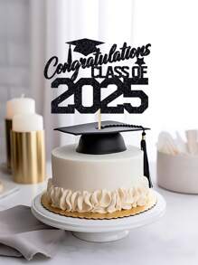 1 件黑色闪光“祝贺 2025 届毕业生”毕业帽蛋糕装饰，适用于毕业派对，装饰庆祝 2025 届毕业生 - 黑色 - 查看 1
