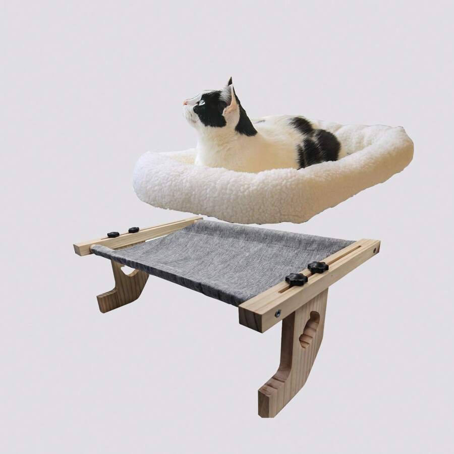 Adjustable Wooden Cat Perch, Solid Wood Cat Bed, Comfortable Balcony Perching Hammock, Sturdy Stand, Adjustable Width, Suitable For Window Sill, Nightstand, Bedside, Drawer, Suitable For Small Animals To Sunbathe, Resting - 灰色 - 查看 1