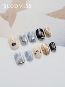 10Pcs Handmade Press-On Nails, Blue Gradient Small Flower Short Style, Reusable Glue-On Artificial Nails Nail Supplies Nails