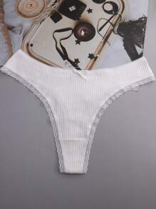 5 条装女士白色可爱蝴蝶结蕾丝边性感丁字裤 - 白色 - 查看 7