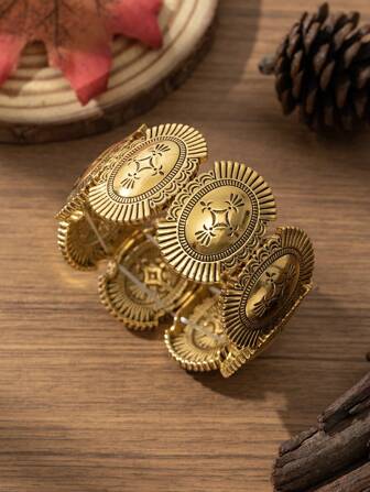 Brazalete elástico retro bohemio de aleación de cinc enchapado en oro vintage con grabado geométrico minimalista, unisex, adecuado para otoño/invierno, uso diario, vacaciones, estilo popular de Oriente Medio