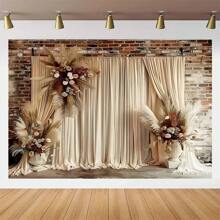 Boho Chic Brown Curtain With Light Reed & White Flowers - High-Quality Polyester Photography Backdrop, Washable & Ironable Party Banner For Vibrant Decor Gifts Birthday Graduation Birthday Decorations Party Decorations Bachelorette Wedding