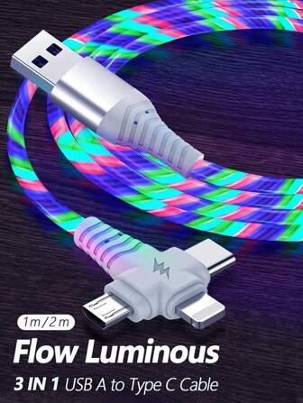 Lysande telefonladdare, laddningskabel med flera LED-lampor, RGB-glödande, gradvis belysning, USB C-kabel, snabbladdningskabel, universal 3-i-1-laddningskabeladapter, micro-USB typ-C, 3,3 fot/6,6 fot, kompatibel med iPhone, Android, kamera, MP3, universaladapter, Nan MFi-certifierad