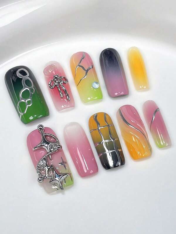 10 pièces Faux ongles dégradés avec décoration d'étoiles, ultra-flexibles et durables pour le port quotidien et les fêtes (le motif/la couleur réels peuvent être légèrement différents de l'image en raison de la fabrication artisanale)