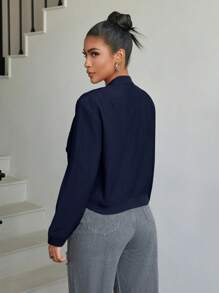 Apperloth A 女士短款飞行员夹克，翻盖口袋，纽扣前襟，轻便宽松棒球领外套