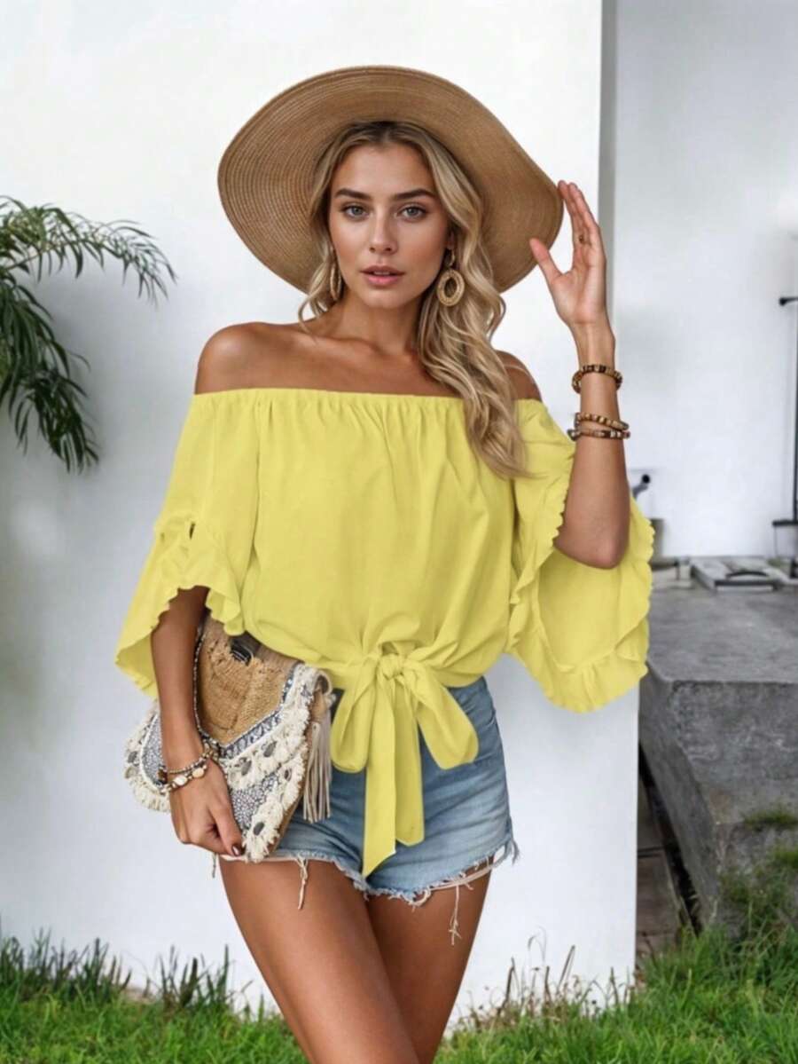 Blusa off-Shoulder con Mangas Acampanadas y Lazo Frontal Estilo Fresco y Elegante para Mujer - Amarillo - Ver 1