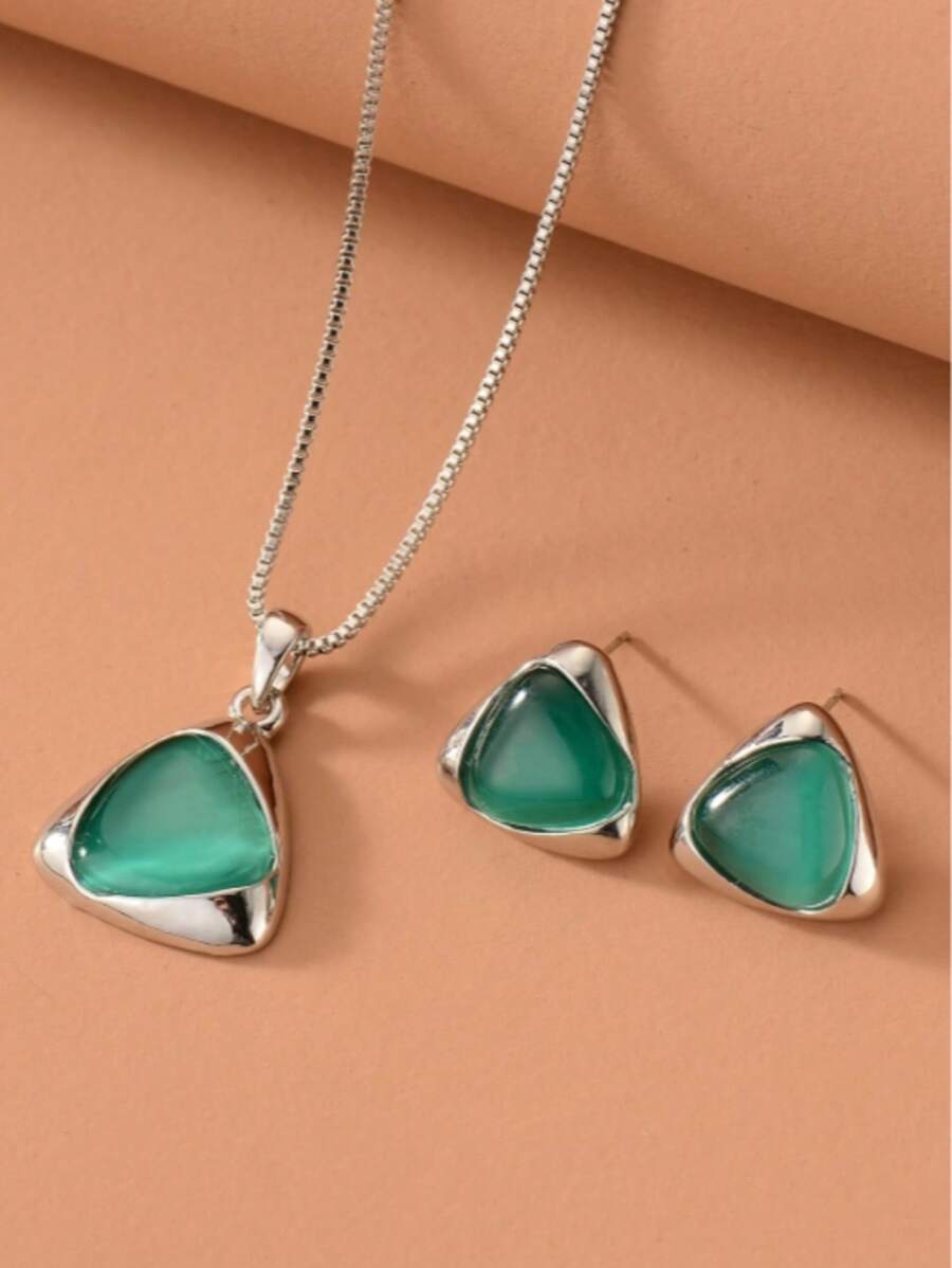 Geometric Cat Eye Necklace & Earrings Set, Minimalist & Practical Multi-Use Jewelry