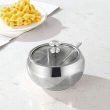 Bol de azúcar de acero inoxidable de alta calidad con cuchara, frasco para condimentos de gran capacidad, adecuado para uso en cocina y hogar - Plateado - Ver 8