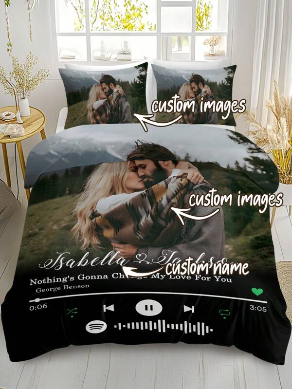 1 Set 3 pezzi di biancheria da letto personalizzata, Melodia d'Amore (per coppie, accogliente, regalo ideale unico), design a tema musicale che si fonde con la vita, adatto per la biancheria da letto in camera da letto
