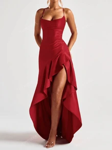 Vestido con cuello cuadrado, volante y lazo en la espalda con volante en el bajo para mujer, otoño