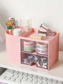 1 pieza Organizador de escritorio mini con 2 cajones, portaulápices y bolígrafos multifuncional para escritorio, caja de almacenamiento simple y creativa para artículos de oficina y escolares, organizador de varios compartimentos, organizador de maquillaje, útiles escolares, regalo navideño