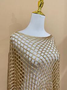 1件装时尚百搭针织镂空披肩，女士防晒沙滩围巾，春夏连衣裙搭配 - 金色 - 查看 4