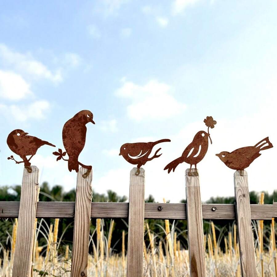 5pcs Rustic Metal Birds For DIY Paintable Garden Fence & Wall Decor With Outdoor Rust Effect - Gray Iron Color Delivery Outdoor Natural Rust - View 1