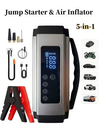 1 pieza Arrancador de 150PSI 3000A con compresor de aire, batería de arranque de 5 en 1 con inflador digital de neumáticos de coche, cargador de batería portátil para motores de gasolina de hasta 10L o diésel de 4.0L