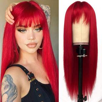 26 英寸红色长款丝滑直发假发带刘海合成无蕾丝假发适合时尚女士耐热自然假发适合派对角色扮演