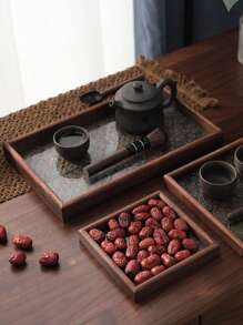 1pc Crabapple Blossom Vintage Embossed Wooden Glass Walnut Color Snack Storage Box, Rectangular Polygonal Cloisonne Tea Tray, Dessert Platter, Household Serving Tray