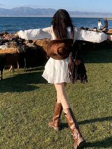 娇小女士白色长袖休闲迷你连衣裙，女孩时尚，春夏 - 白色 - 查看 2