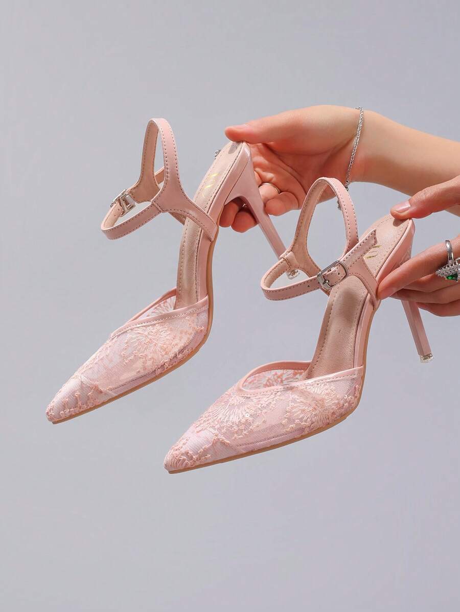 Women's Pink Lace Patchwork High Heel Shoes, Hollow Out Breathable Sexy Pointed Toe Fashion Party Wedding Bridesmaid Thin High Heel Sandals