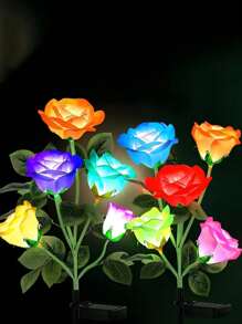 2pcs 4-Head Rose Waterproof Decorative LED Solar Wooden Post Lights, 7-Color Changing Landscape Lights, A Bunch Of 4-Head Waterproof Rose Lights, Garden And Garden Wedding Party Decorative Lights, Outdoor Garden Lighting For Pathway, Yard, Patio