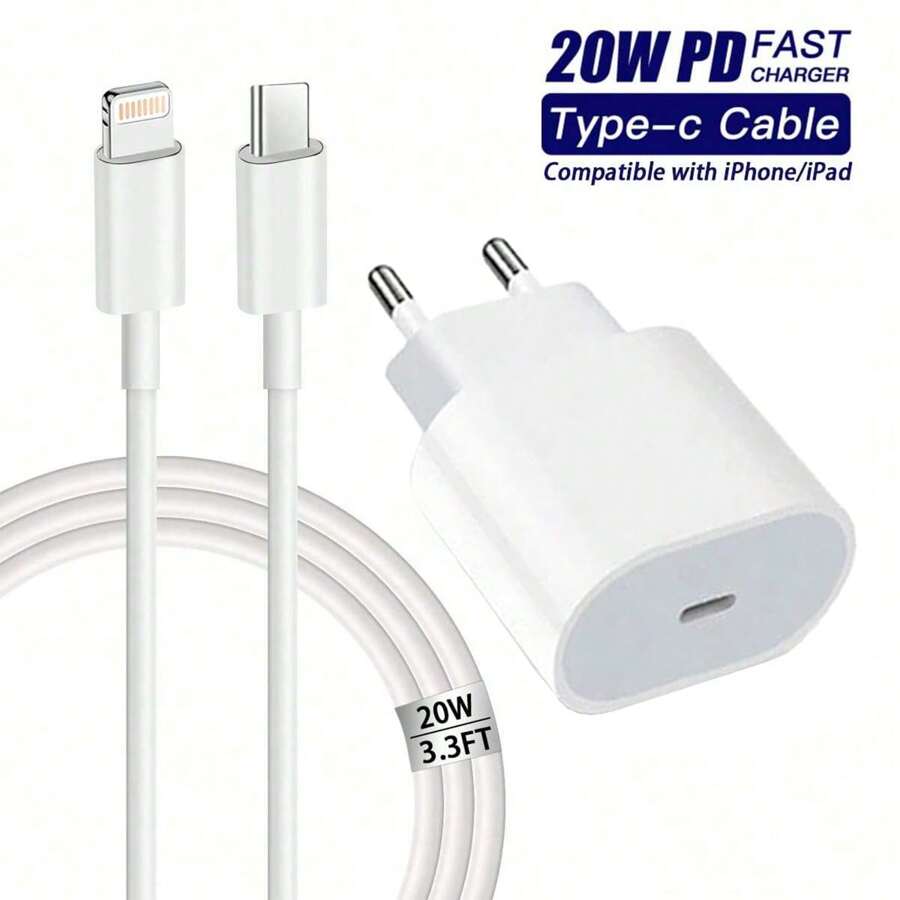 20W PD 快速充电适配器套件，USB-C 壁式充电器 + 3.3 英尺/100 厘米 USB-C 转闪电快速充电线，兼容 iPhone 14 Pro Max/13/12/11/XR/XS Max/8/7 - 美規A型插(110-127V) - 查看 1