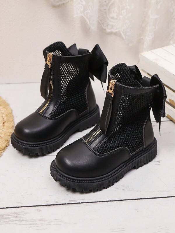 1 Pair Girls Mid-Calf Boots, Solid Color Mesh Bow-Knot Breathable Front Zipper Design, Round Toe Flat Non-Slip Cute Fashion Boots, Suitable For 3-15 Years Old Girls For Daily, Party, Casual, Travel, Platform Spring/Summer New Arrival