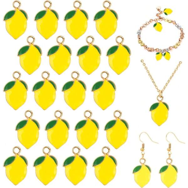 5/10/15/25 piezas Encantos de limón amarillo Colgantes esmaltados Joyería con frutas Cuentas con baño de oro Planta con agujero para pulsera collar llavero pendientes manualidades accesorios decoración para el cabello