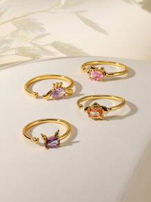 女士可爱耳朵、兔子和蝴蝶结不锈钢戒指，紫色方晶锆石 18K 镀金防褪色可调节戒指，魅力金首饰派对度假配饰，送给女儿/妈妈/最好的朋友的纪念礼物 - 不銹鋼 - 查看 3